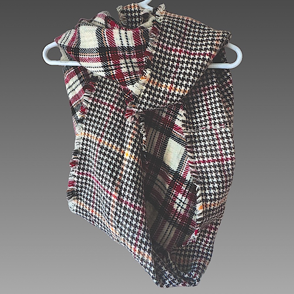 Reversible Plaid Infinity Scarf with‎ Fringe Trim Autumn Colors